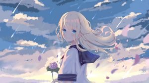 Preview wallpaper girl, glance, smile, clouds, anime, art