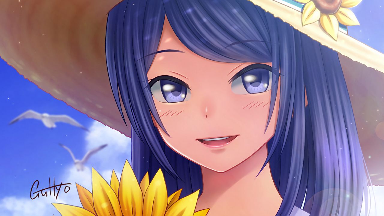 Wallpaper girl, glance, smile, sunflowers, hat, anime