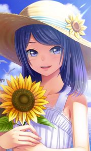 Preview wallpaper girl, glance, smile, sunflowers, hat, anime