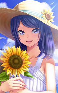 Preview wallpaper girl, glance, smile, sunflowers, hat, anime