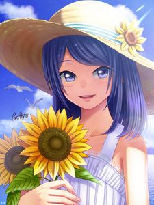 Preview wallpaper girl, glance, smile, sunflowers, hat, anime