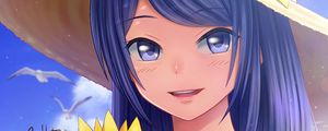 Preview wallpaper girl, glance, smile, sunflowers, hat, anime
