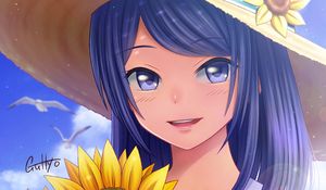 Preview wallpaper girl, glance, smile, sunflowers, hat, anime