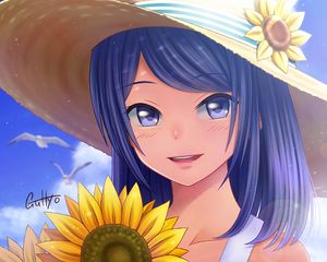 Preview wallpaper girl, glance, smile, sunflowers, hat, anime