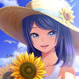 Preview wallpaper girl, glance, smile, sunflowers, hat, anime