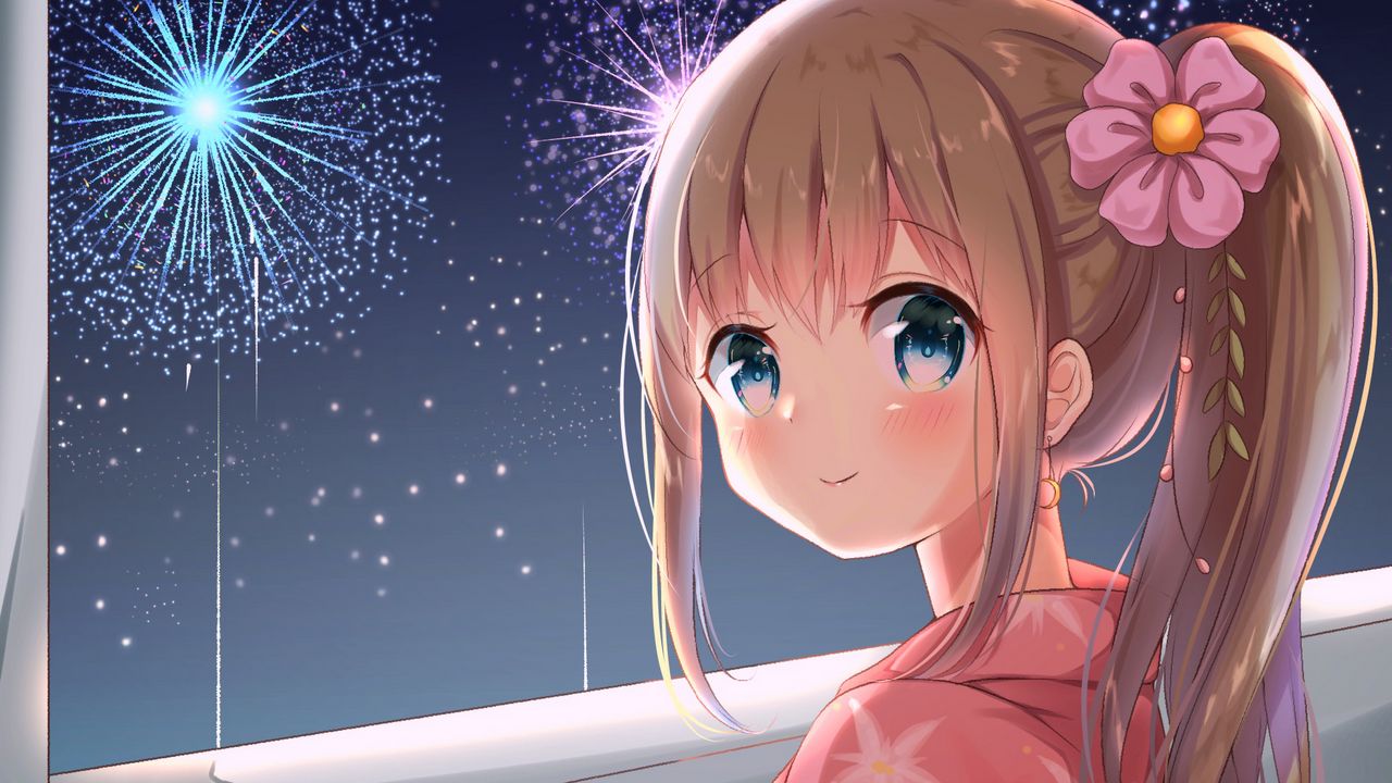 Wallpaper girl, glance, smile, blush, fireworks, anime