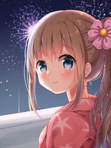 Preview wallpaper girl, glance, smile, blush, fireworks, anime