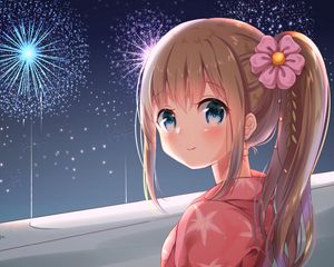 Preview wallpaper girl, glance, smile, blush, fireworks, anime