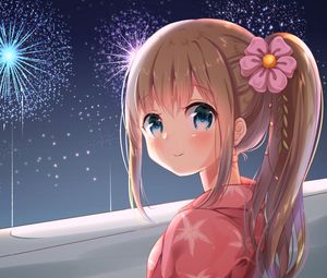 Preview wallpaper girl, glance, smile, blush, fireworks, anime