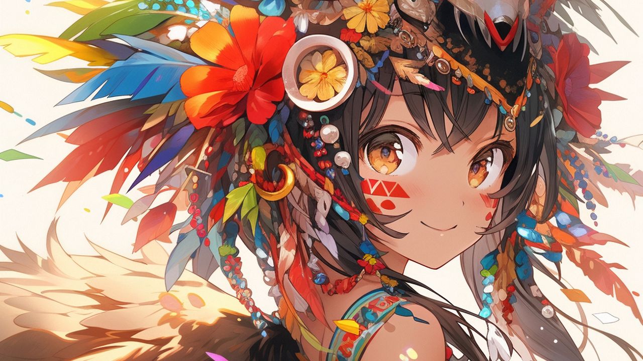 Wallpaper girl, glance, smile, feathers, wings, jewelry, anime