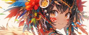 Preview wallpaper girl, glance, smile, feathers, wings, jewelry, anime