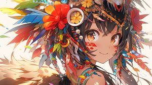 Preview wallpaper girl, glance, smile, feathers, wings, jewelry, anime
