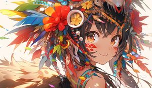 Preview wallpaper girl, glance, smile, feathers, wings, jewelry, anime