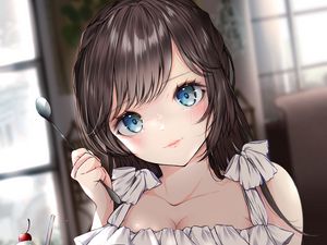 Preview wallpaper girl, glance, spoon, anime, art, cute