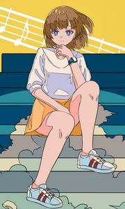 Preview wallpaper girl, glance, stairs, anime, art, cartoon