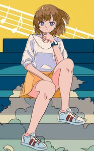 Preview wallpaper girl, glance, stairs, anime, art, cartoon