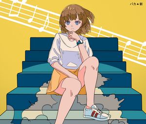 Preview wallpaper girl, glance, stairs, anime, art, cartoon