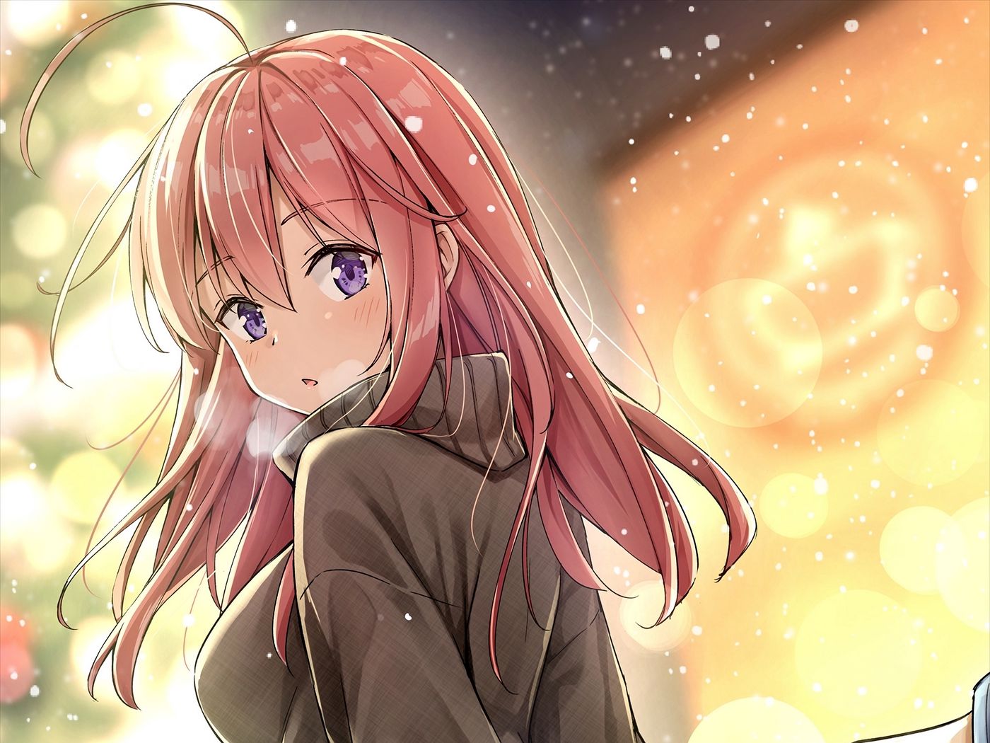 1400x1050 Wallpaper girl, glance, sweater, snow, anime