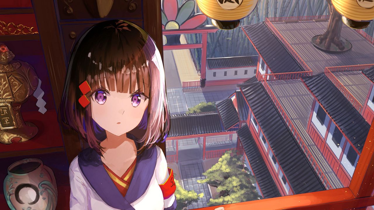 Wallpaper girl, glance, temple, architecture, anime
