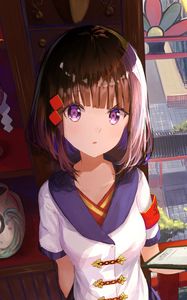 Preview wallpaper girl, glance, temple, architecture, anime