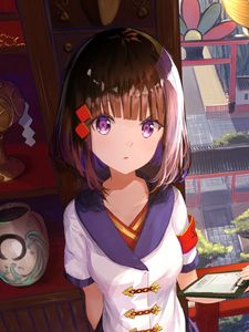 Preview wallpaper girl, glance, temple, architecture, anime