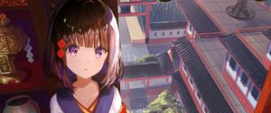 Preview wallpaper girl, glance, temple, architecture, anime