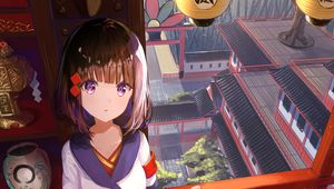 Preview wallpaper girl, glance, temple, architecture, anime