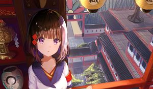 Preview wallpaper girl, glance, temple, architecture, anime