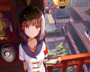 Preview wallpaper girl, glance, temple, architecture, anime