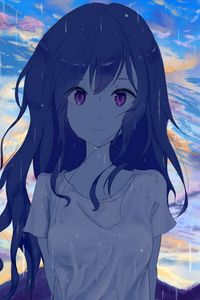 Preview wallpaper girl, glance, t-shirt, rain, drops, anime
