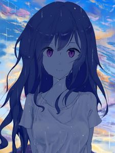 Preview wallpaper girl, glance, t-shirt, rain, drops, anime