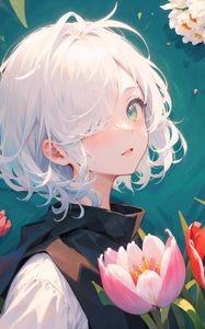 Preview wallpaper girl, glance, tulips, flowers, anime