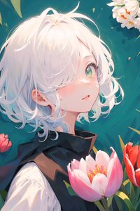 Preview wallpaper girl, glance, tulips, flowers, anime