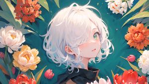 Preview wallpaper girl, glance, tulips, flowers, anime