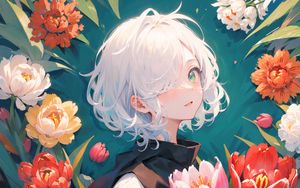 Preview wallpaper girl, glance, tulips, flowers, anime