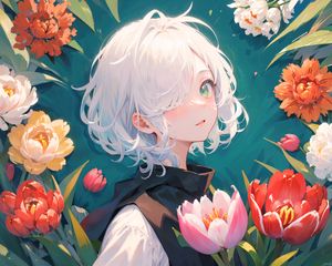 Preview wallpaper girl, glance, tulips, flowers, anime