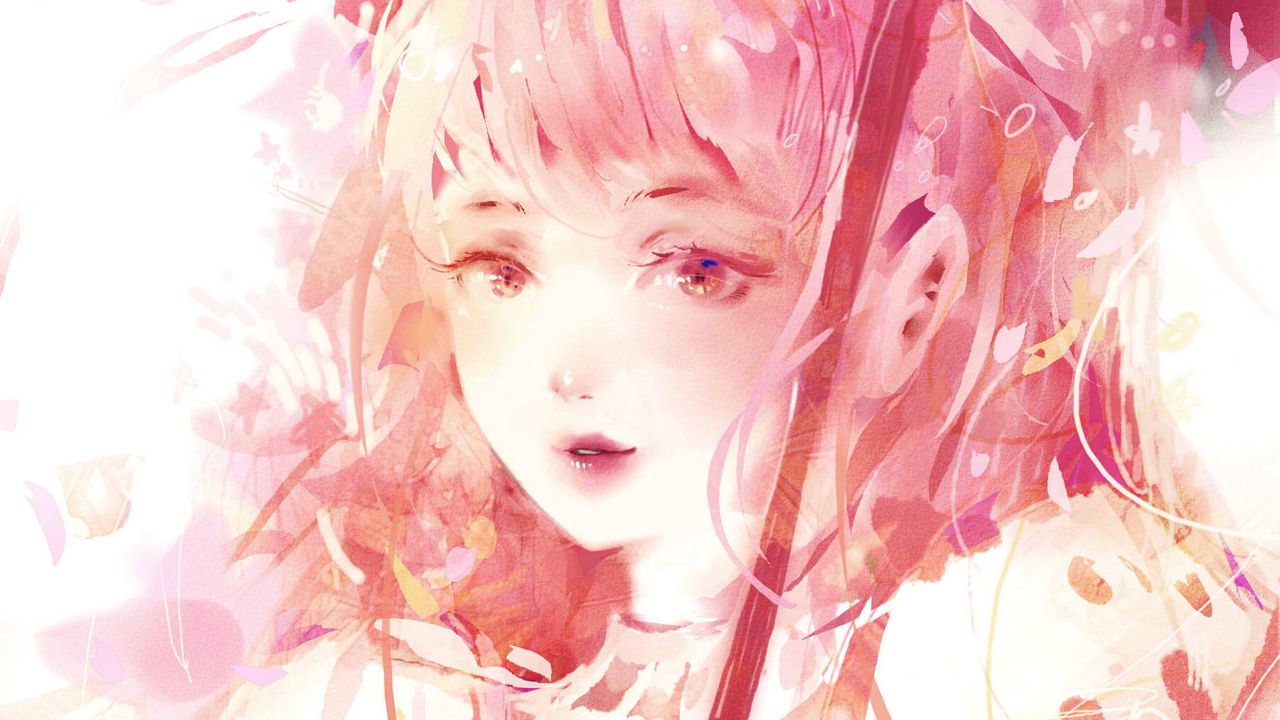 Wallpaper girl, glance, umbrella, anime, art, pink