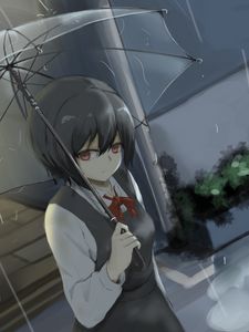 Preview wallpaper girl, glance, umbrella, rain, anime, art, gloomy