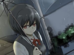 Preview wallpaper girl, glance, umbrella, rain, anime, art, gloomy