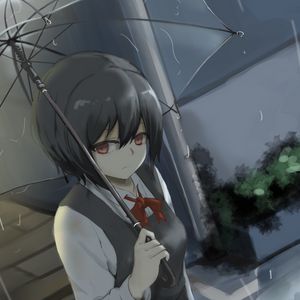 Preview wallpaper girl, glance, umbrella, rain, anime, art, gloomy