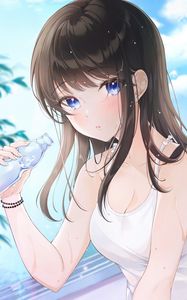 Preview wallpaper girl, glance, water, bottle, anime