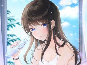 Preview wallpaper girl, glance, water, bottle, anime