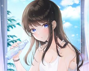 Preview wallpaper girl, glance, water, bottle, anime