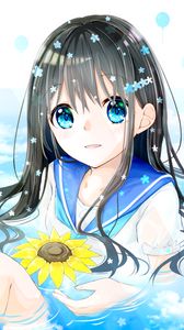 Preview wallpaper girl, glance, water, flowers, anime, art, cartoon