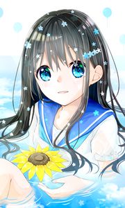 Preview wallpaper girl, glance, water, flowers, anime, art, cartoon