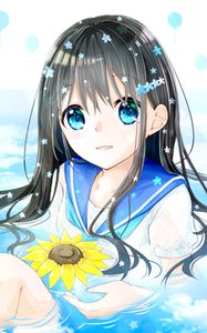 Preview wallpaper girl, glance, water, flowers, anime, art, cartoon