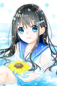 Preview wallpaper girl, glance, water, flowers, anime, art, cartoon