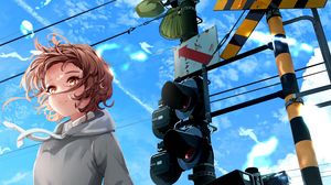 Preview wallpaper girl, glance, wind, traffic light, anime