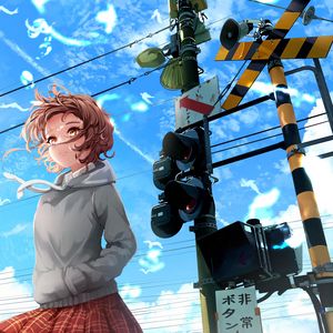Preview wallpaper girl, glance, wind, traffic light, anime