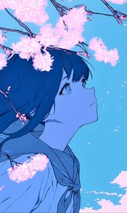 Preview wallpaper girl, glance, wind, flowers, blue, anime